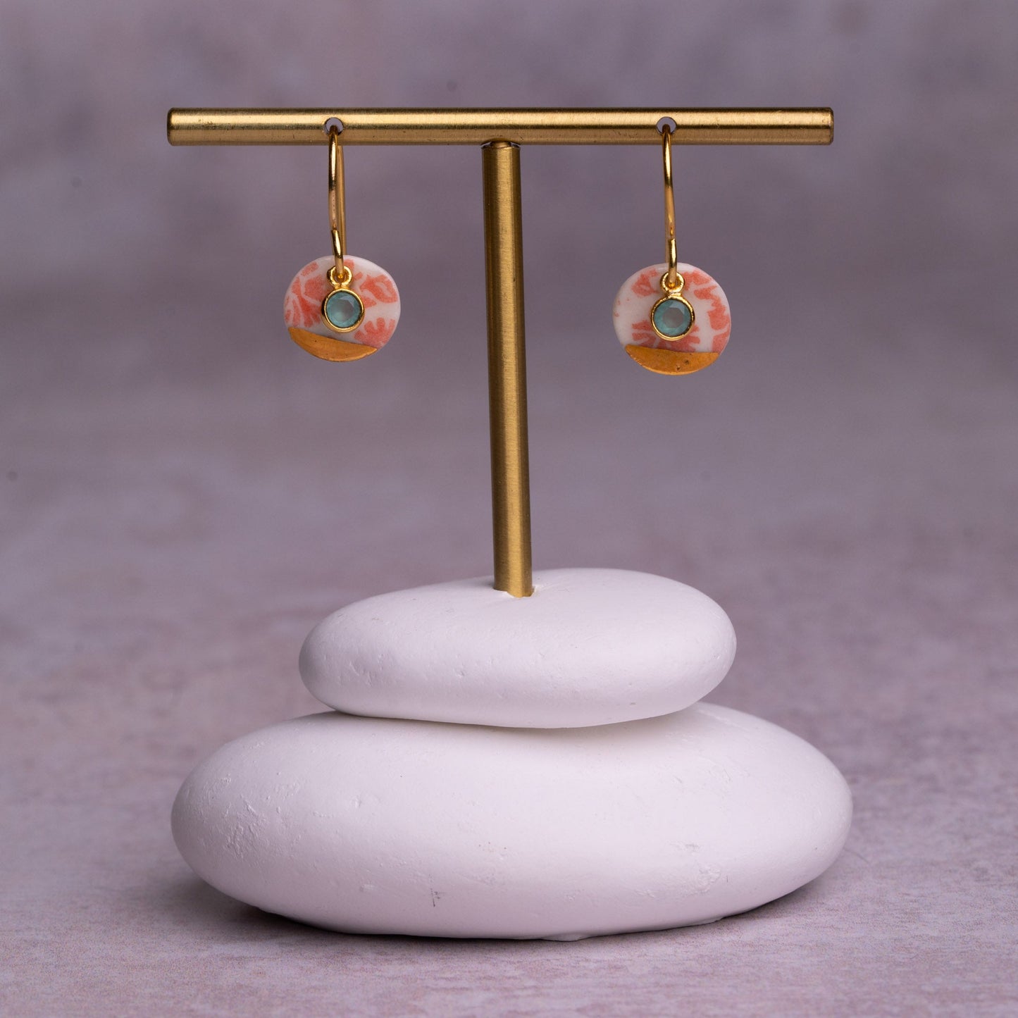 Porcelain Earrings, Small Round, Coral Blush