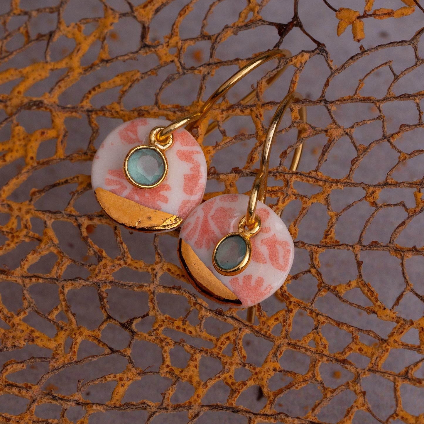 Porcelain Earrings, Small Round, Coral Blush