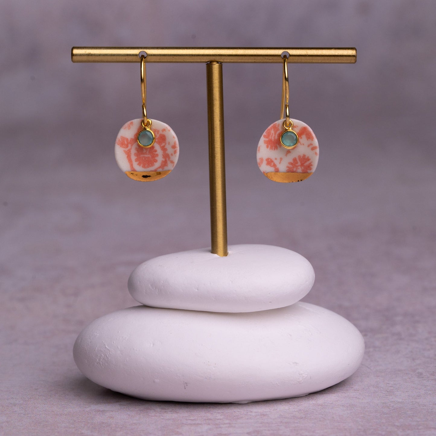 Porcelain Earrings, Medium Round, Coral Blush