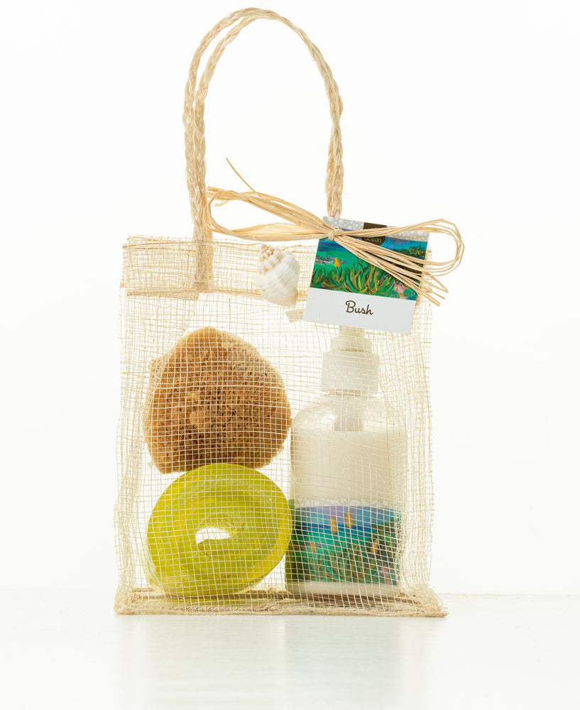 
            
                Load image into Gallery viewer, BUSH CERASEE, ALOE &amp;amp; NEEM BODY LOTION WITH SOAP SCROLL &amp;amp; SPONGE IN ISLAND STRAW BAG
            
        
