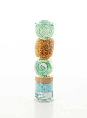 BLUE HOLE WILD SAGE BODY SOAP ROUNDS WITH BATH SALTS & SPONGE IN WAVE TUBE
