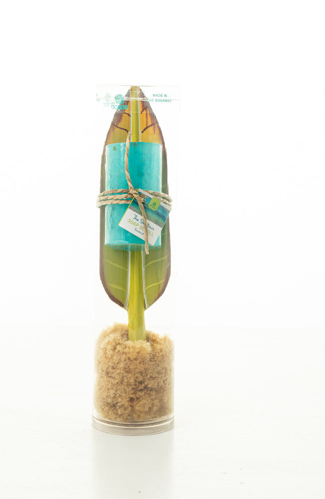 SHALLOWS CITRUS & SEAWEED BODY SOAP SCROLL ON BIRDS OF PARADISE LEAF WITH SPONGE IN WAVE TUBE