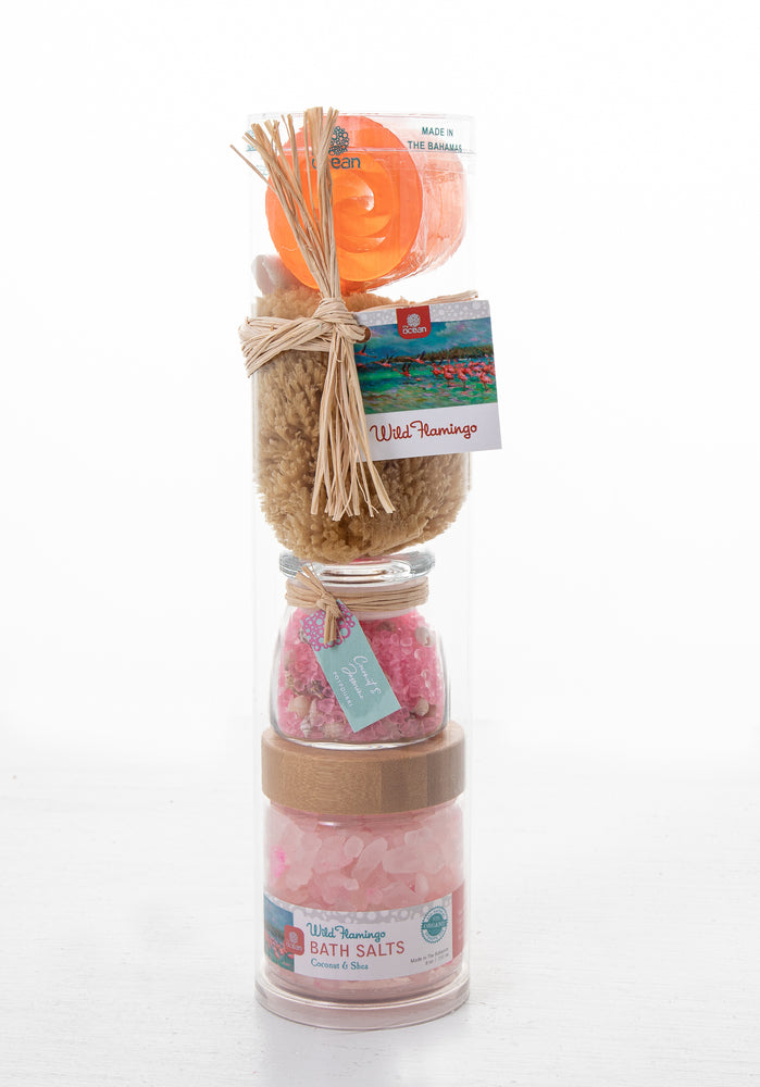 
            
                Load image into Gallery viewer, WILD FLAMINGO SHEA BUTTER &amp;amp; COCONUT BODY SOAP SCROLL WITH BATH SALTS, POTPOURRI &amp;amp; SPONGE IN WAVE TUBE
            
        