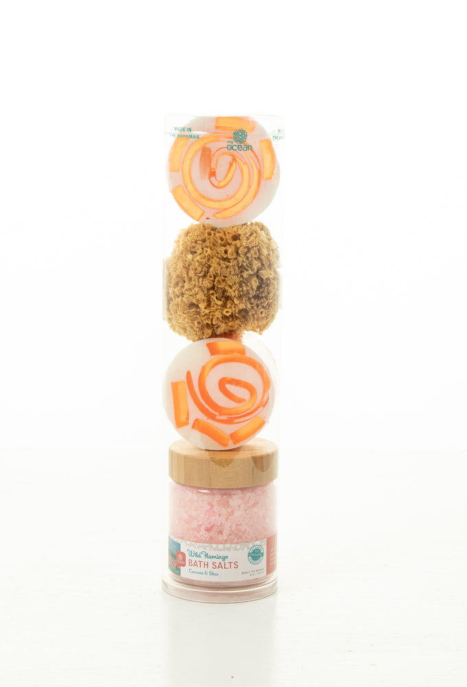 
            
                Load image into Gallery viewer, WILD FLAMINGO SHEA BUTTER &amp;amp; COCONUT BODY SOAP ROUNDS WITH BATH SALTS &amp;amp; SPONGE IN WAVE TUBE
            
        