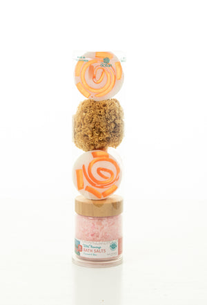WILD FLAMINGO SHEA BUTTER & COCONUT BODY SOAP ROUNDS WITH BATH SALTS & SPONGE IN WAVE TUBE