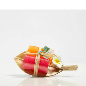 
            
                Load image into Gallery viewer, MANGO HIBISCUS AND SCARLETT PLUM SOAP SCROLLS ON A LEAF
            
        