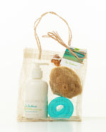 SHALLOWS CITRUS & SEAWEED BODY LOTION WITH SOAP SCROLL & SPONGE IN ISLAND STRAW BAG