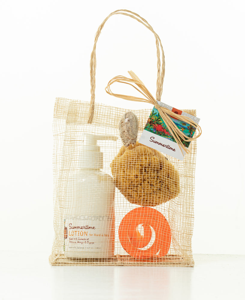 
            
                Load image into Gallery viewer, SUMMERTIME MANGO, HIBISCUS &amp;amp; PAPAYA BODY LOTION WITH SOAP SCROLL &amp;amp; SPONGE IN ISLAND STRAW BAG
            
        