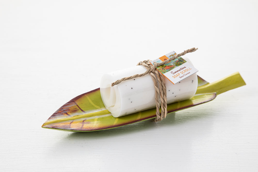 
            
                Load image into Gallery viewer, SUMMERTIME COCONUT BODY SOAP SCROLL ON BIRDS OF PARADISE LEAF
            
        