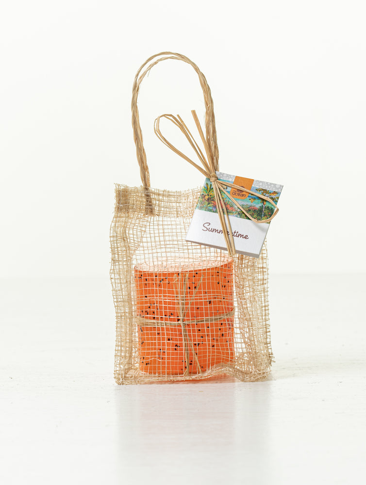 
            
                Load image into Gallery viewer, SUMMERTIME MANGO &amp;amp; HIBISCUS BODY SOAP SCROLL IN ISLAND STRAW BAG
            
        